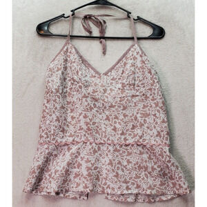 Volcom Tank Women Small Taupe White Sheer Lace Trim Open Back Halter Side Zipper